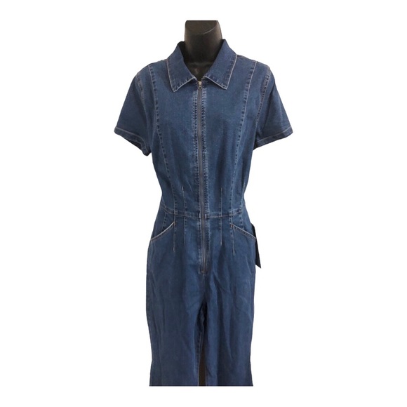 Blue jeans denim zip up flare leg jumpsuit size large new - Picture 8 of 13